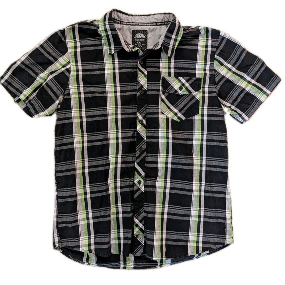 Hart and Huntington Button Up Shirt Mens XL Black Green Plaid Short Sleeve